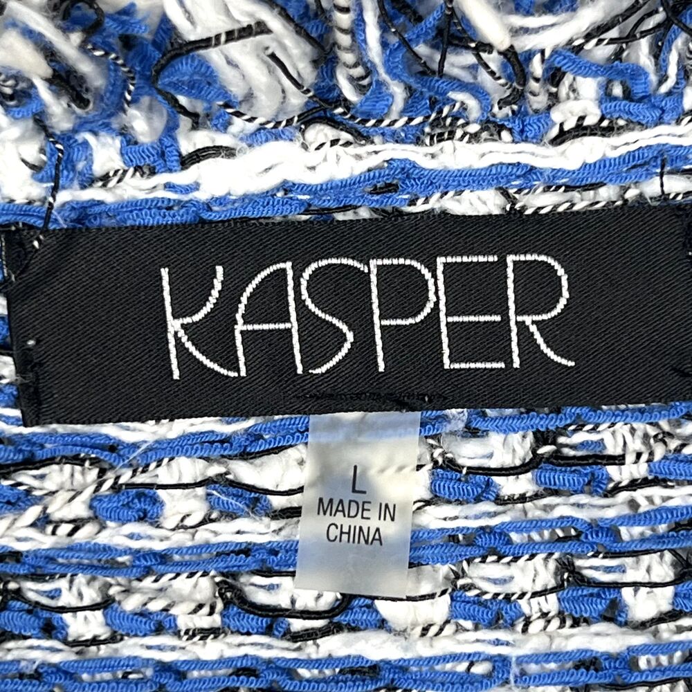 Kasper Womens L Blue White Black Waffle Knit Fringe Open Front Cardigan Jacket - Picture 5 of 11